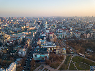 Image showing Panoramic aerial view from the drone, a view of the bird\'s eye view of the the central historical part of the city of Kiev, Ukraine, with old buildings of the city.