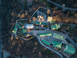 Image showing Aerial view from the drone to the Kiev Pechersk Lavra and historical building in city of Kiev, Ukraine. Top view.