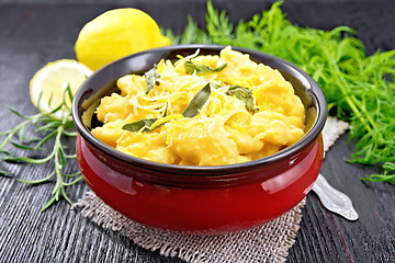 Image showing Gnocchi pumpkin with sage in bowl on dark board