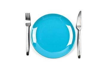 Image showing Set of empty blue plate, fork and knife on white background.