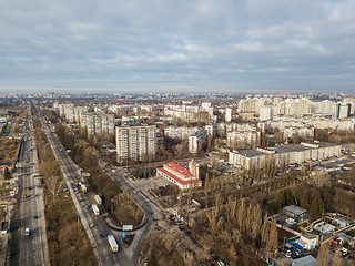 Image showing A bird\'s eye view, aerial panoramic view from drone to the Darnyts\'kyi district of Kiev, Ukraine at sunset in the summer.