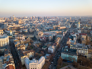 Image showing Panoramic aerial view from the drone, a view of the bird\'s eye view of the the central historical part of the city of Kiev, Ukraine, with old buildings of the city.