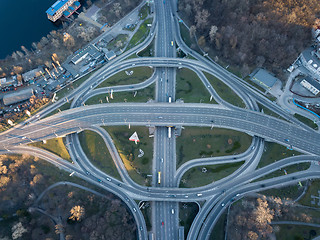 Image showing Aerial view from drone of a turbine road interchange in Kiev, the capital of Ukraine Cityscape in summer