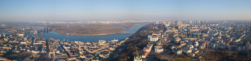 Image showing Panorama of Kiev, District Podol and the left bank, the Dnieper River on an April sunny day, Ukraine