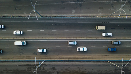 Image showing Kiev, Ukraine.- February 02,2018: Aerial view of road automobile traffic of many cars, transportation concept