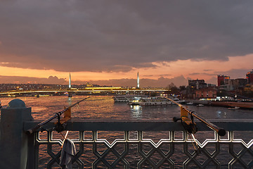 Image showing Night view of skyline of Borphorus and Galata bridge, Istanbul, Turkey.