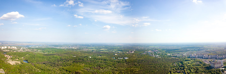 Image showing The panoramic bird\'s eye view shooting from drone to Holosiivskyi district with recreational area and urban infrastructure in Kiev, Ukraine at summer sunset.