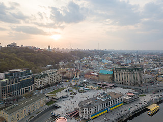 Image showing From the bird\'s eye view of the river station, Postal Square with St. Elijah Church , tourist boats and the Andreev Church on the hill in city Kiev, Ukraine.