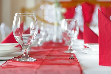 Image showing Large dining hall with tables set up