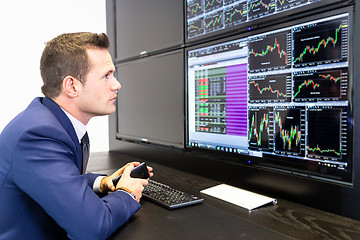 Image showing Stock broker trading online, talking on mobile phone.