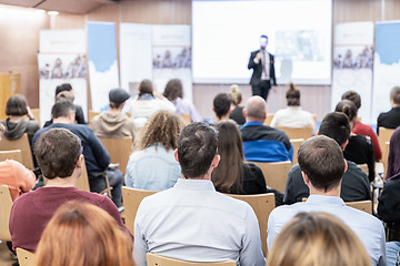 Image showing Business speaker giving a talk at business conference event.