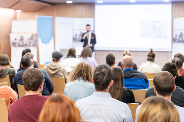 Image showing Business speaker giving a talk at business conference event.