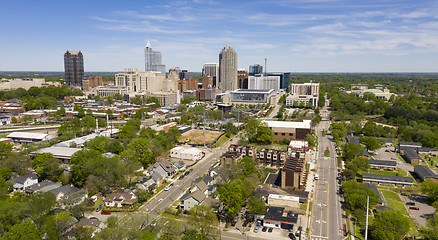 Image showing Aerial Perspective Elevating Up Over Raleigh North Carolina Urba