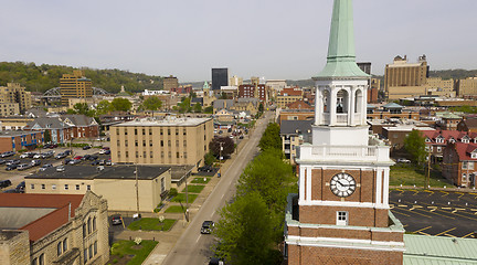 Image showing Aerial Elevating Up Over Chruch Clocktower and Charleston West V