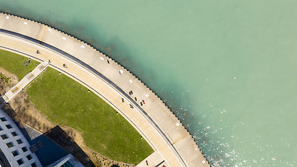 Image showing Aerial View People on Walkway Lake Michigan Chicago