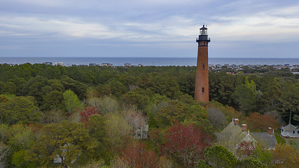 Image showing Sun Setting at Currituck Lighthouse Outer Banks North Carolina