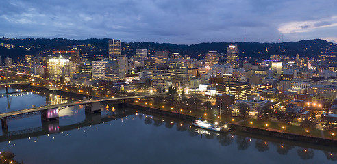 Image showing Willamette River Bridges and Waterfront Overcast Night Portland 