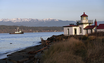 Image showing Vessel Passing West Point Lighthouse Puget Sound Seattle Washing