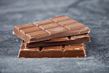 Image showing Milk chocolate bar pieces closeup. Sweet food photo concept.