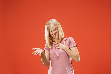 Image showing happy woman. image of female model on red