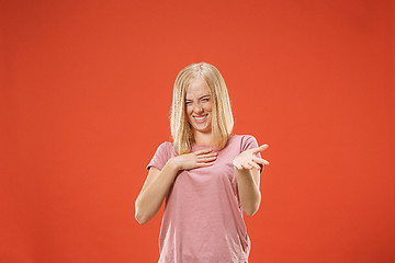 Image showing happy woman. image of female model on red