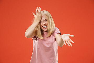 Image showing happy woman. image of female model on red