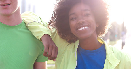 Image showing Portrait of multiethnic group of young people on the jogging