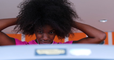 Image showing portrait of young black woman in gym