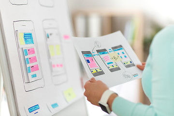 Image showing close up of ui designer with templates at office