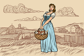 Image showing village woman with a basket of mushrooms. engraving effect