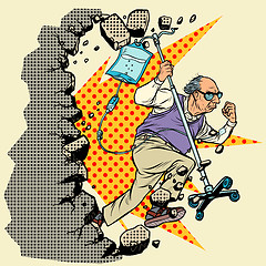 Image showing stop ageism. An old patient escapes from the hospital, grandpa with a dropper breaks the wall