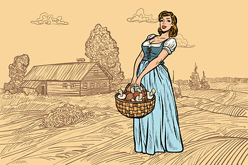 Image showing village woman with a basket of mushrooms. engraving effect