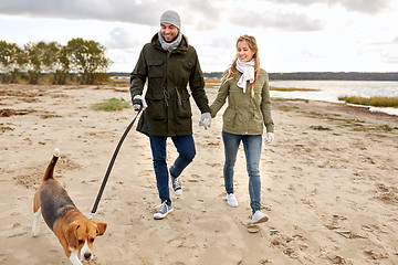 Image showing happy couple with beagle dog on autumn beach