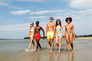 Image showing happy friends walking along summer beach