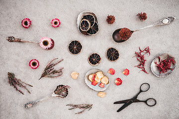 Image showing Vintage scissors, herbs and flowers