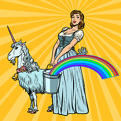 Image showing unicorn rainbow woman with bucket