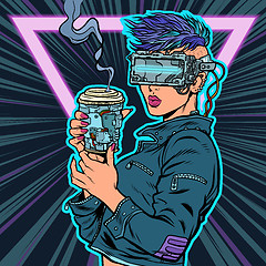 Image showing cyberwoman drinks drink. virtual reality glasses