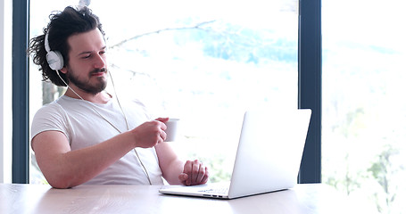 Image showing man drinking coffee enjoying relaxing lifestyle