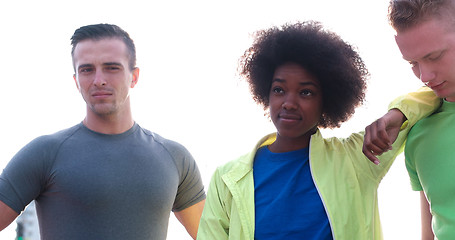 Image showing Portrait of multiethnic group of young people on the jogging