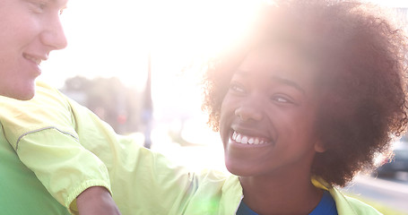 Image showing Portrait of multiethnic group of young people on the jogging