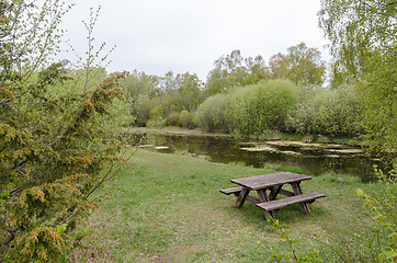 Image showing Resting place with furniture in a forest glade by springtime