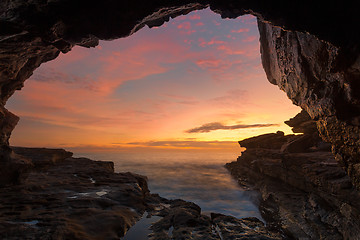 Image showing Cave views to ocean sunrise
