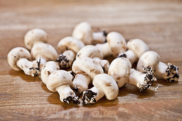 Image showing Fresh raw organic champignons heap on a wooden table.