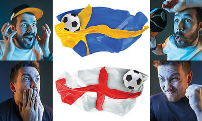 Image showing The collage about emotions of football fans of England and Sweden teems and flags isolated on white background