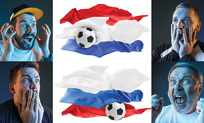 Image showing The collage about emotions of football fans of Russia and Croatia teems and flags isolated on white background