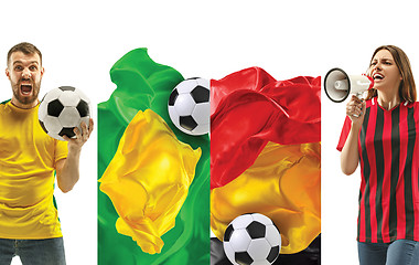 Image showing The collage about emotions of football fans of Brazil and Belgium teems and flags isolated on white background