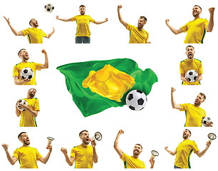 Image showing Brazilian fan celebrating on white background. The young man in soccer football uniform with ball standing at white studio. Fan, support concept. Human emotions concept.
