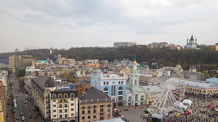 Image showing KIEV, UKRAINE - April 19, 2018: people and outdoor market on Kontraktova Square in Kiev city in spring.