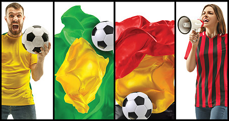 Image showing The collage about emotions of football fans of Brazil and Belgium teems and flags isolated on white background