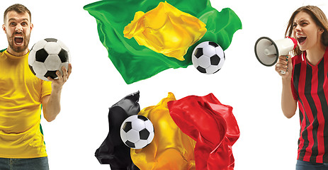 Image showing The collage about emotions of football fans of Brazil and Belgium teems and flags isolated on white background